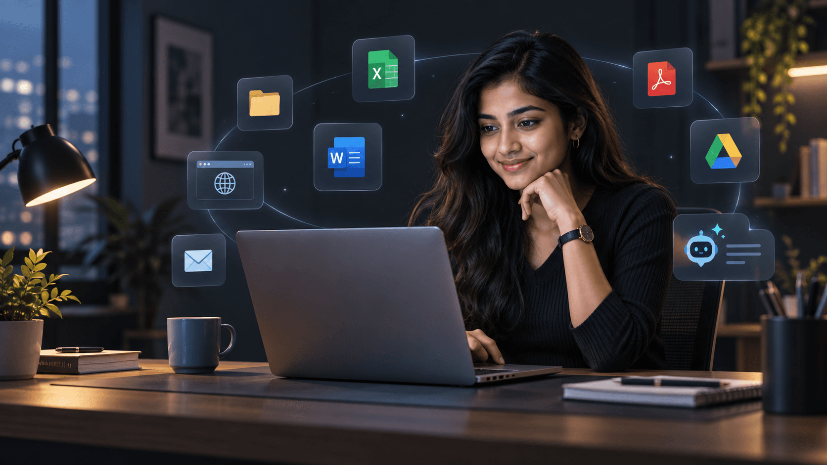 Student using computer and AI productivity tools