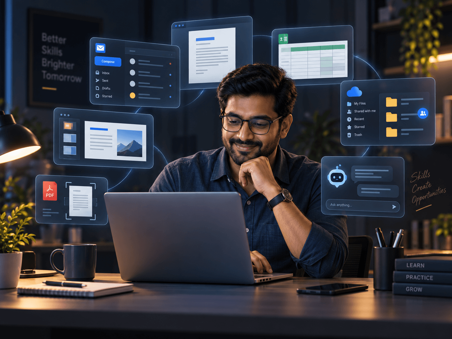 Learner working with email, documents, spreadsheets and AI tools